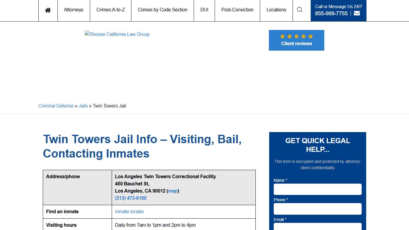 Twin Towers Jail Info – Visiting, Bail, Contacting Inmates
